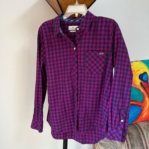 Vineyard Vines Fuchsia and Navy Plaid Cashmere Blend Shirt Sz 10